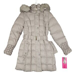 Betsey Johnson Faux Fur Trim Hooded Puffer Coat Silver Style Y020530 Size S